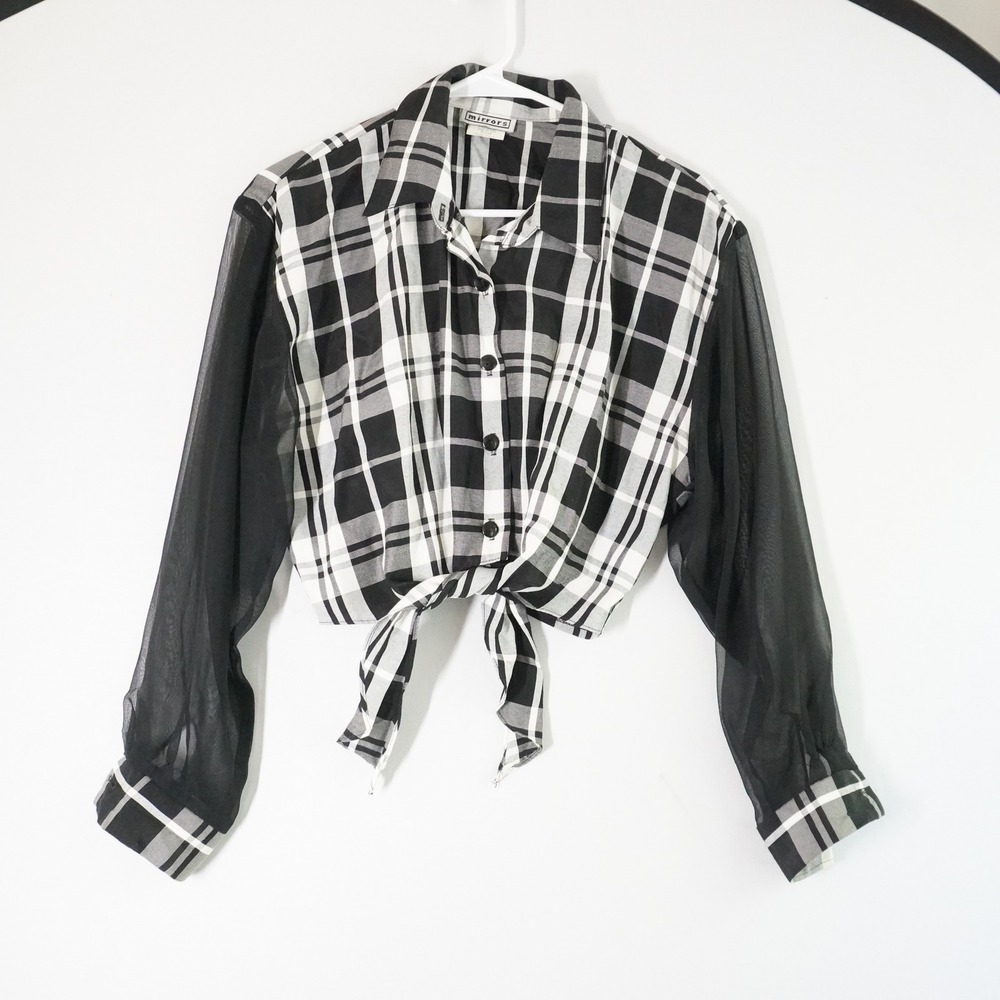 VTG Mirrors Plaid Tie-Front Top Sheer Sleeves Button Down Blouse M Western Rodeo